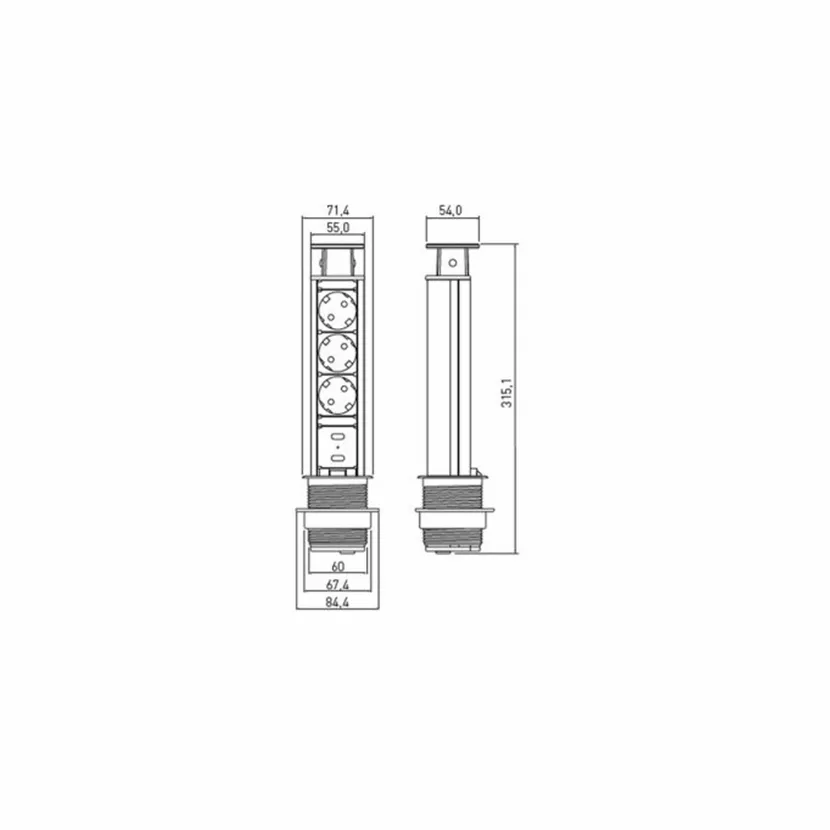 Slika proizvoda: UTIČNICA UGRADNA OKRUGLA FI 60 3*KONEKTOR, 2*USB 1.5M SREBRNA GTV LED AE-BPW3S60U-80